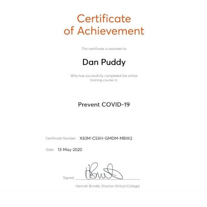 Dan's preventing covid certificate